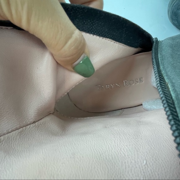 TARYN ROSE size 8.5 M Gray Suede Heeled Ankle Booties Boots Chain detail EUC - Picture 6 of 8